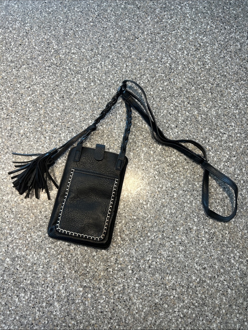 Slim Black Leather Crossbody Phone Pouch with Braided Tassel Strap